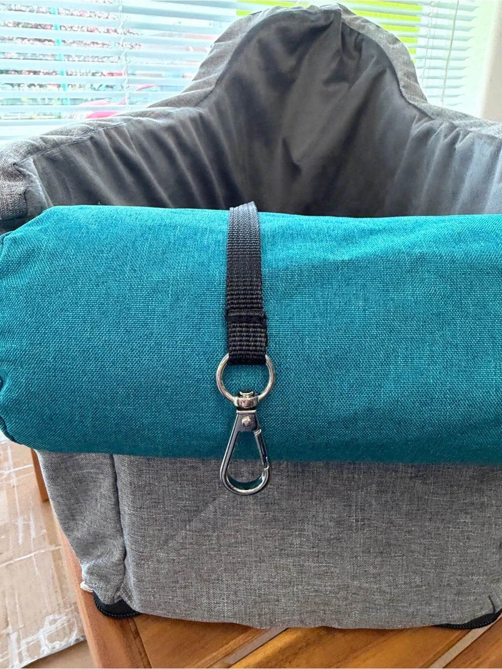 Gray Pet Car Booster Seat with Teal Pillow